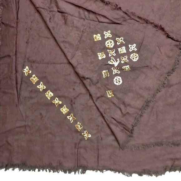 LOUIS VUITTON LV Vintage Brown with Gold Sequin Silk Wool Scarf Shawl Wrap - Picture 4 of 9